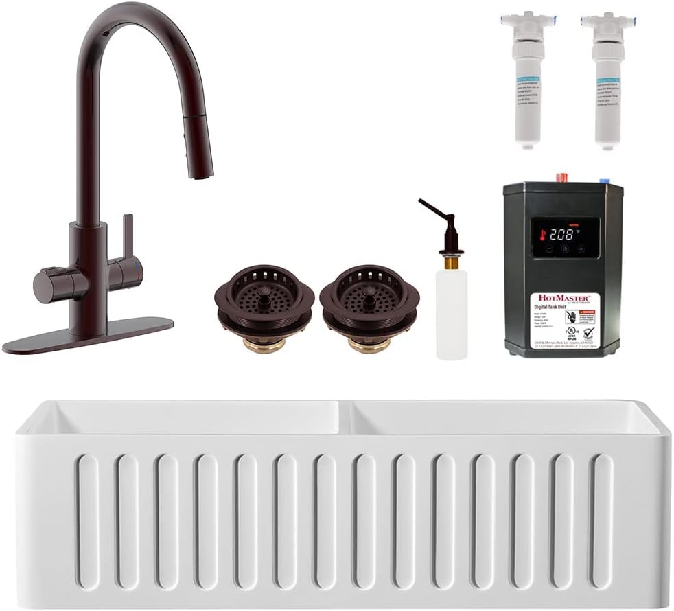 Westbrass BK236WH-12 36' Double Bowl Reversible Apron Front Solid Surface Kitchen Sink with 4 in 1 Function Faucet, Dual Water Filters, Drain Baskets and Soap Dispenser, Oil Rubbed Bronze