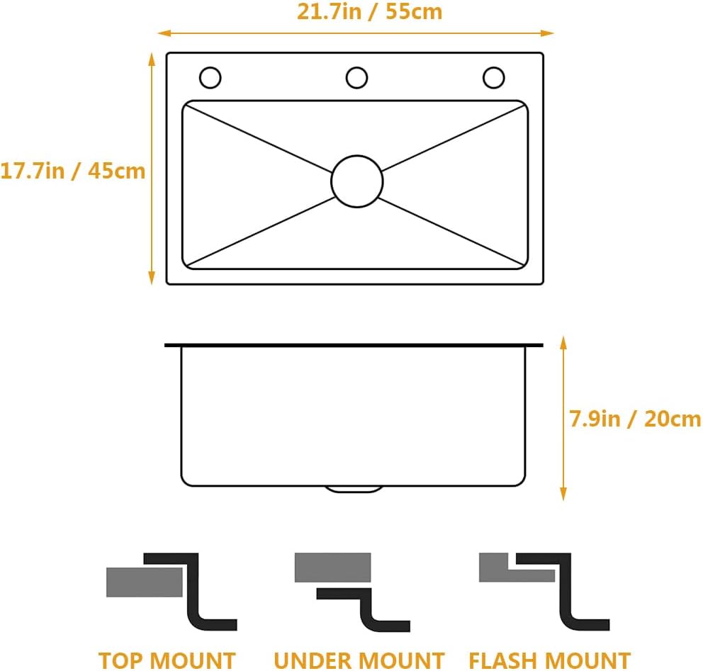 Black Stainless Steel Kitchen Sink, Single Bowl Kitchen Sink, Drop In/Topmount Workstation Sink with Sliding Accessories, Farmhouse Workstation Sink with Multiple Accessories (21.7 x 17.7in)