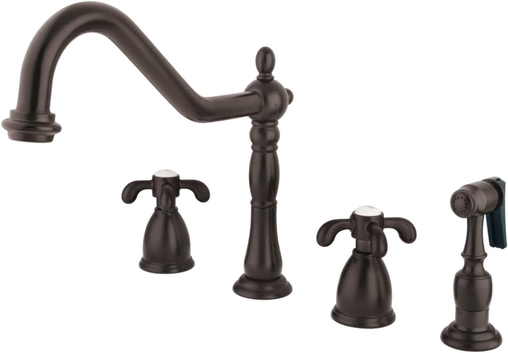 Kingston Brass KB1795TXBS French Country Widespread Kitchen Faucet with Brass Sprayer, Oil Rubbed Bronze,8-1/4 inch Spout Reach