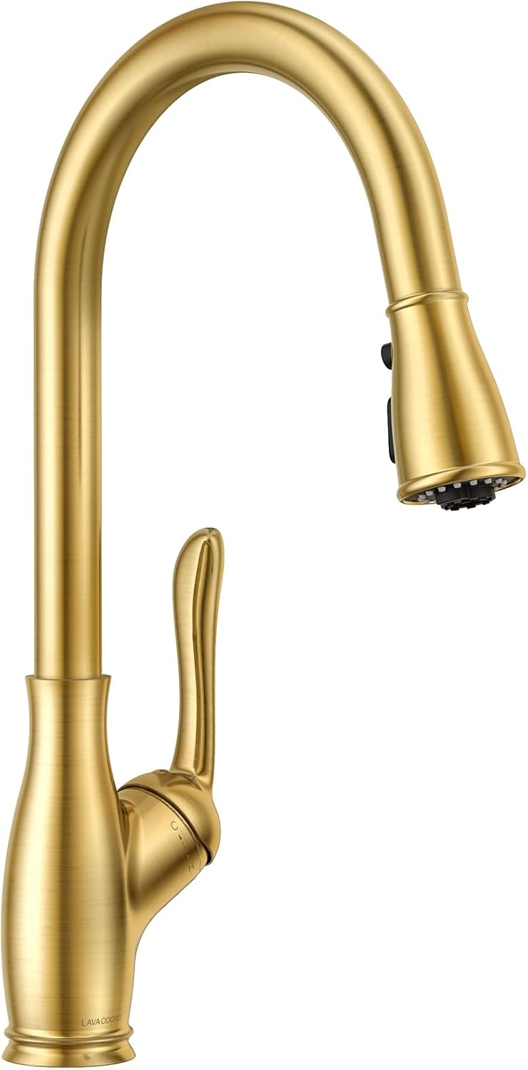 Lava Odoro Gold Kitchen Faucet with Pull Down Sprayer, Brushed Gold Kitchen Sink Faucet with Magnetic Docking Spray 3-Function, Solid Brass Faucet for Kitchen Sink 1 Hole and 3 Hole, KF271-SG