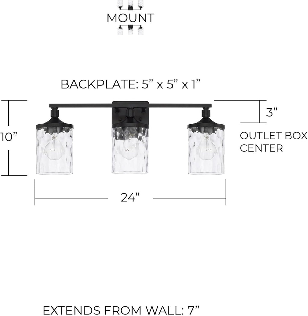 HomePlace Lighting 128831MB-451 Colton Mid-Century Clear Water Glass Bathroom Vanity Wall Light, 3-Light 300 Total Watts, 10' H x 24' W, Matte Black