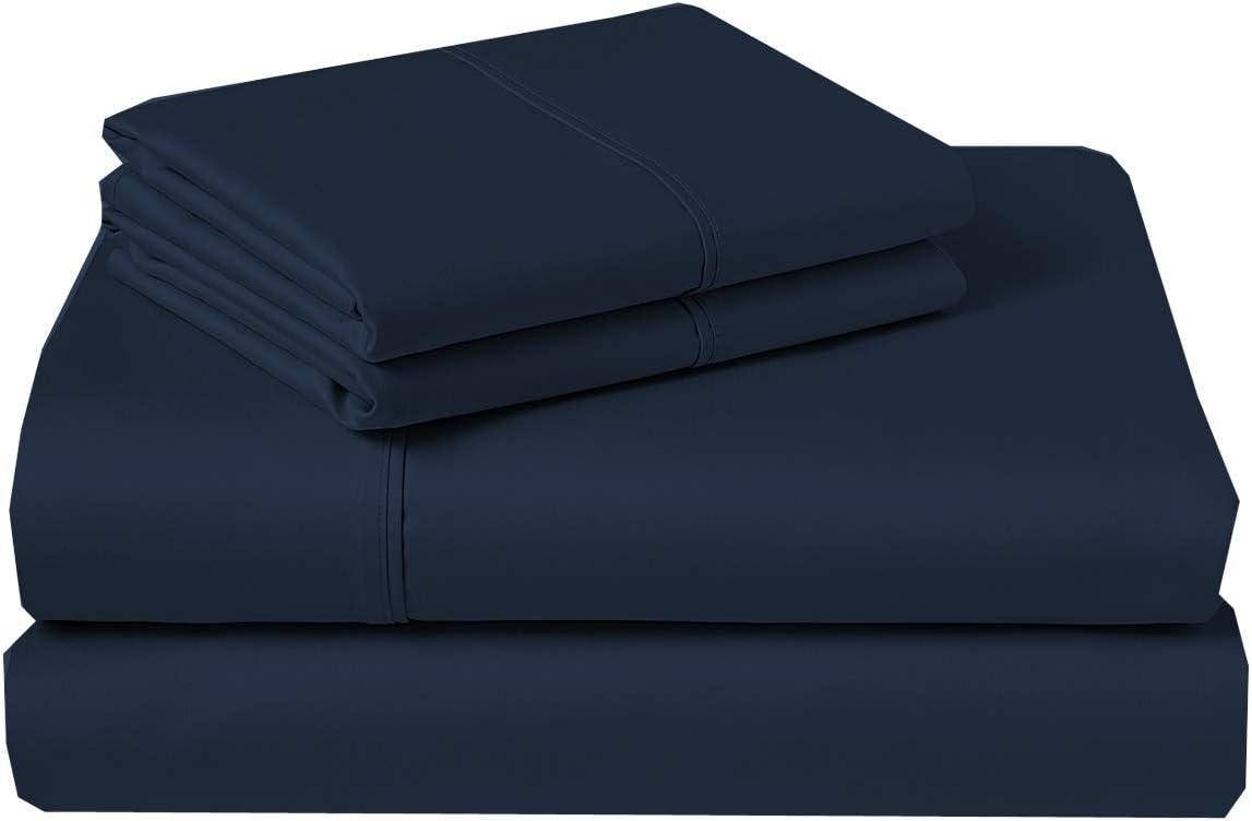 Pure 1000 Thread Count Egyptian Cotton- Sateen Weave- Olympic Queen(66' X 80') Navy Blue Sheet Set - 4-Piece 14'-18' Inches Standard Drop Length Elastic Bounded