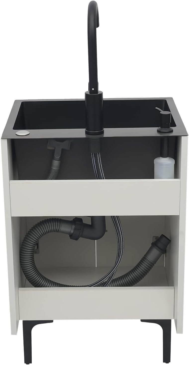 20-Inch Laundry Sink with Cabinet & 360° Swivel Hot/Cold Fauce, Freestanding Kitchen Sink Cabinet with Stainless Steel Sink & Drain Kit, White Cabinet with Sink for Laundry&Utility Room