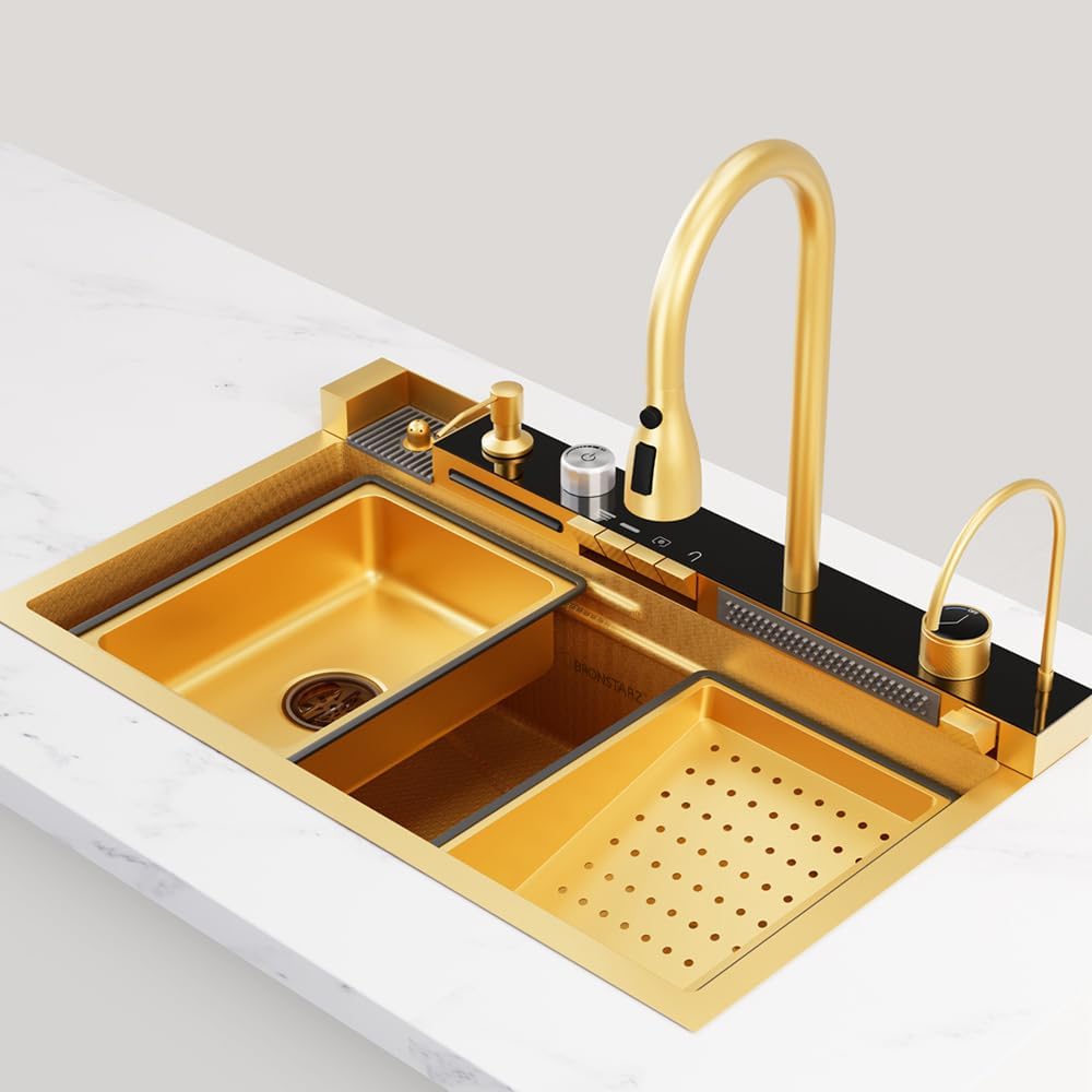 Digital Display Embossed Stainless Steel Nano Gold Waterfall Large Single Groove Kithchen Sink with Pressurized Cup Washer (33 X 22 Inch)