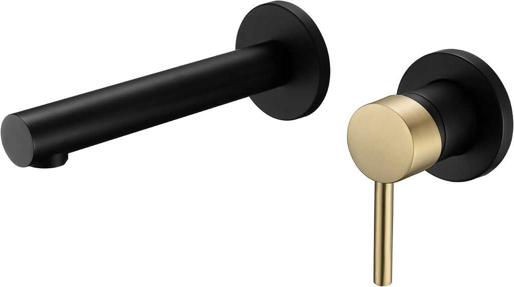 SUMERAIN Wall Mounted Bathroom Sink Faucet Black and Gold Finish, Lavatory Faucet with Single Handle and Rough in Valve