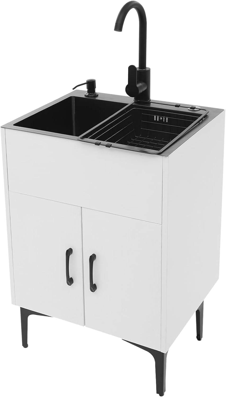 20-Inch Laundry Sink with Cabinet & 360° Swivel Hot/Cold Fauce, Freestanding Kitchen Sink Cabinet with Stainless Steel Sink & Drain Kit, White Cabinet with Sink for Laundry&Utility Room