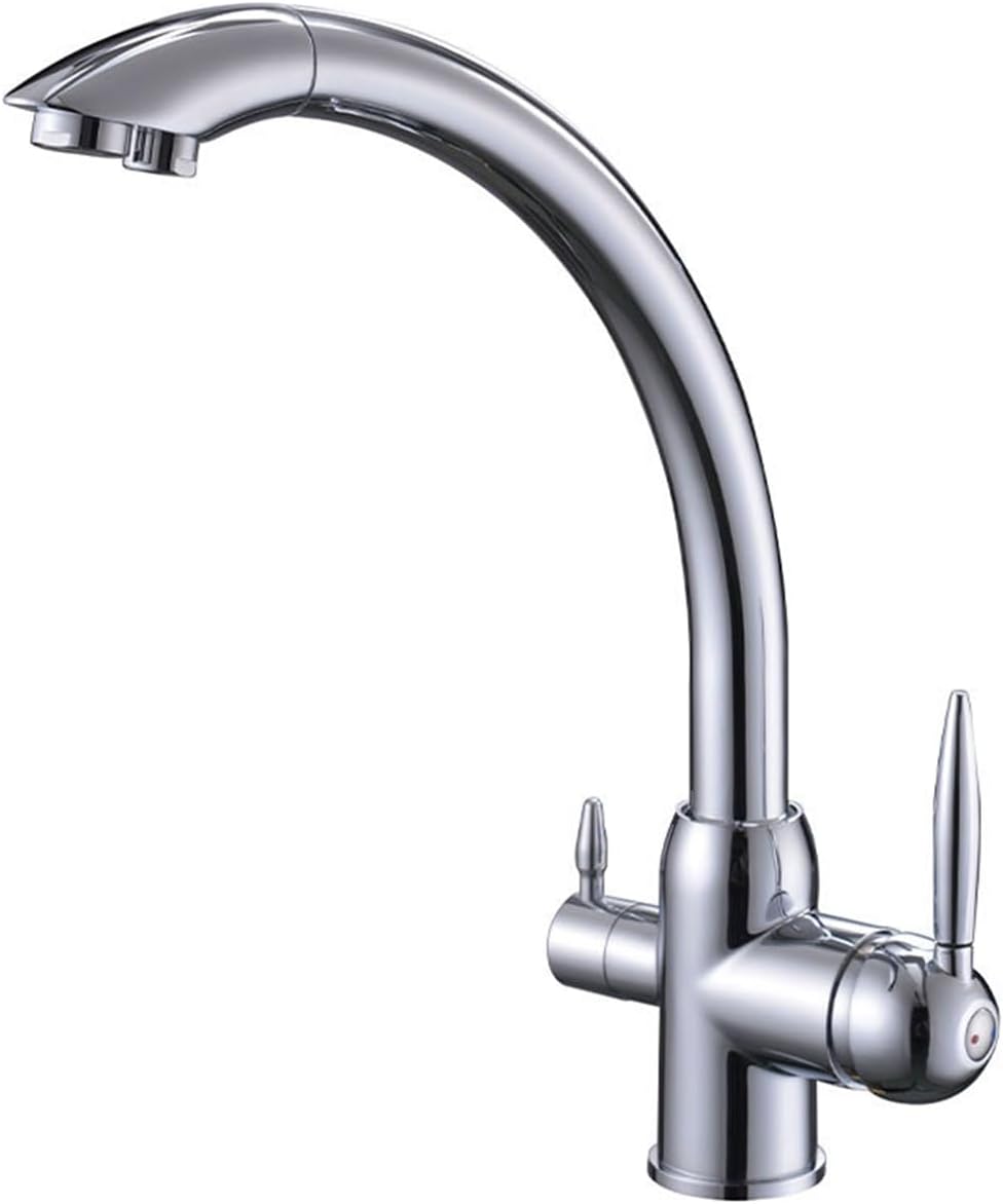 Kitchen 3 Way Faucets Mixer Brass 3 Way Faucets for Kitchen Sink Double Outlet Hot and Cold Water-Chrome Plated