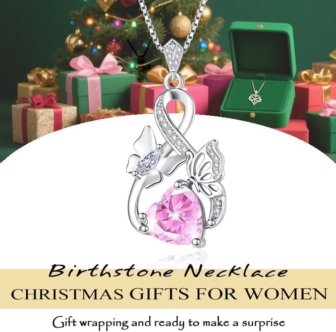 Gold Jewelry for Women Wife Infinity Necklace 18K White Gold Plated Dainty Butterfly Pendant with Heart Birthstone - Anniversary Necklaces for Women Birthday Gift Ideas Present for Girlfriend Mom Daughter