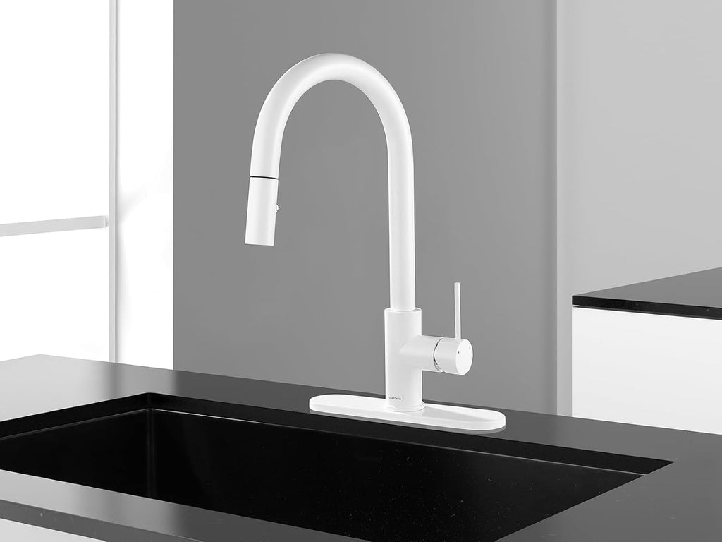 AguaStella AS60W Shiny White Kitchen Sink Faucet with Pull Down Sprayer Single Handle