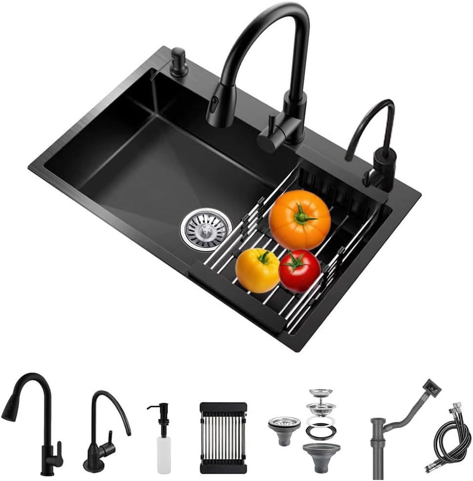 21.7 * 17.7in Drop In Kitchen Sink,Black Stainless Steel Single Bowl Sink,Topmount Workstation Sink With Pull Out Faucet,Soap Dispenser And Drain Basket