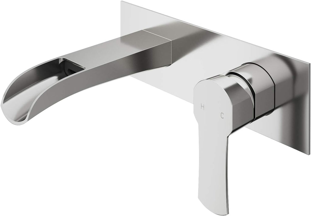 VIGO Cornelius Waterfall Single-Handle Two-Hole Wall Mount Bathroom Sink Faucet, Brushed Nickel, Modern Design, Solid Brass, 1.2 GPM WaterSense & Ceramic Disc Valve, Corrosion-Resistant - VG05004BN