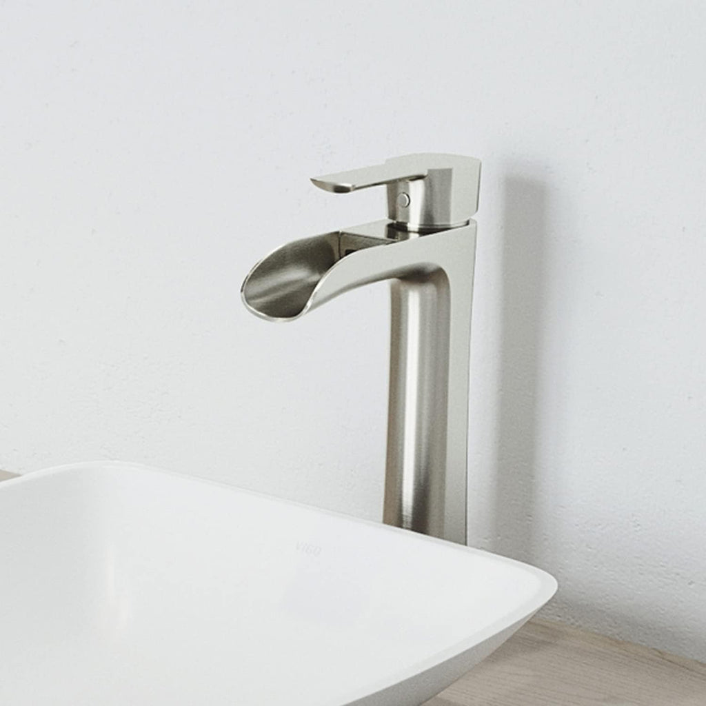 VIGO Niko Waterfall Single-Handle Single-Hole Mount Vessel Bathroom Sink Faucet, 11-Inch, Brushed Nickel, Modern Design, Solid Brass, 1.2 GPM WaterSense & Ceramic Disc Valve - VG03024BN