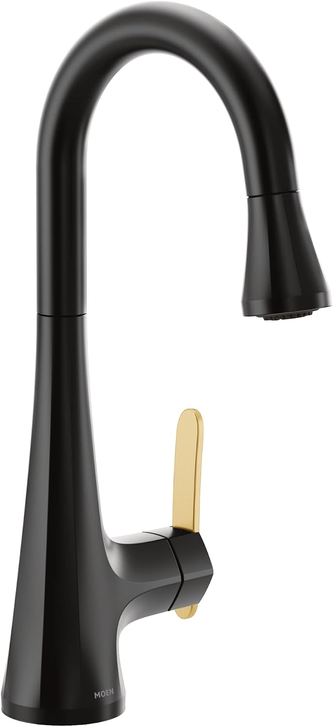 Moen S6235BL Sinema One-Handle High Arc Pulldown Bar Faucet featuring Power Clean and Reflex, Matte Black