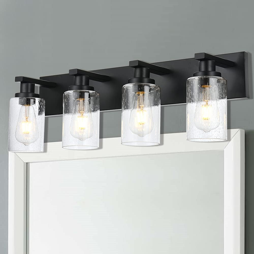 Bathroom Vanity Light Fixtures 4-Lights Seeded Glass Cylinder Shade Modern Farmhouse Wall Sconce Lighting Bath Vanity Lights Over Mirror