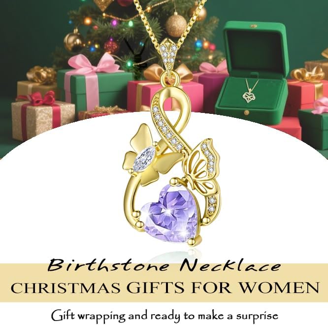 Gold Jewelry for Women Wife Infinity Necklace 18K White Gold Plated Dainty Butterfly Pendant with Heart Birthstone - Anniversary Necklaces for Women Birthday Gift Ideas Present for Girlfriend Mom Daughter