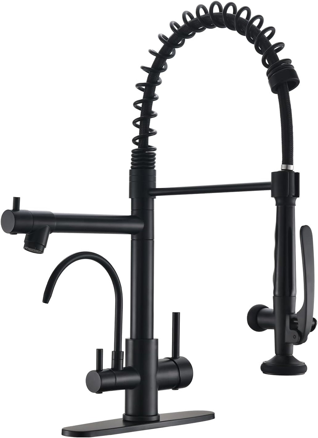 Fapully Commercial Kitchen Faucet with Pull Down Sprayer and Water Filter, Matte Black 3 in 1 Kitchen Faucets with Drinking Water Faucet