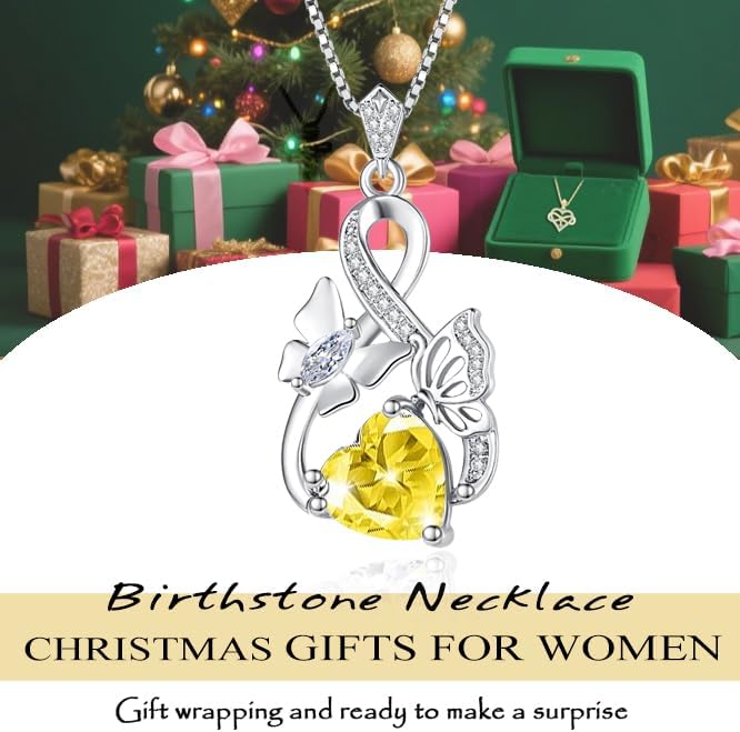 Gold Jewelry for Women Wife Infinity Necklace 18K White Gold Plated Dainty Butterfly Pendant with Heart Birthstone - Anniversary Necklaces for Women Birthday Gift Ideas Present for Girlfriend Mom Daughter