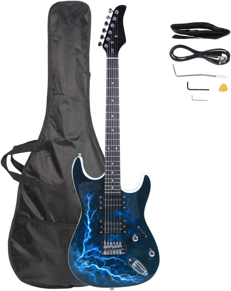 Full Size Electric Guitar Kit,39 Inch Beginner Electric Guitar,Complete Electric Guitars Set with Bag, Shoulder Strap, Power Wire, Wrench Tool,Tremolo Arm and Picks,White and Dark Blue