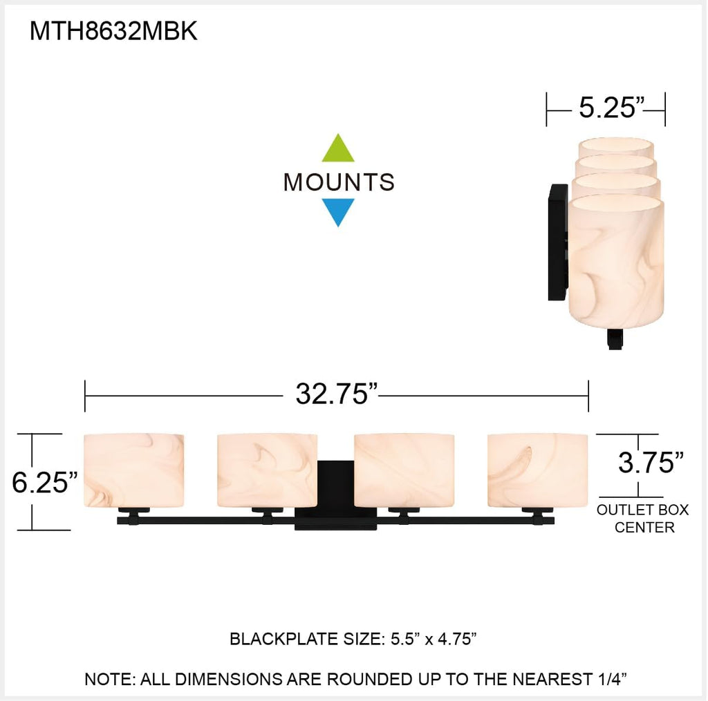 Quoizel Mather Bath Vanity Lights, 32 Inch 4-Light Lighting Fixtures Over Mirror, Matte Black with Marbled Glass Shade, 40W G9 Base Bulbs, Transitional Wall Mount Light for Bathrooms, Dresser or Sink