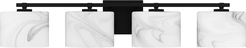 Quoizel Mather Bath Vanity Lights, 32 Inch 4-Light Lighting Fixtures Over Mirror, Matte Black with Marbled Glass Shade, 40W G9 Base Bulbs, Transitional Wall Mount Light for Bathrooms, Dresser or Sink