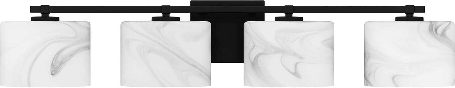 Quoizel Mather Bath Vanity Lights, 32 Inch 4-Light Lighting Fixtures Over Mirror, Matte Black with Marbled Glass Shade, 40W G9 Base Bulbs, Transitional Wall Mount Light for Bathrooms, Dresser or Sink