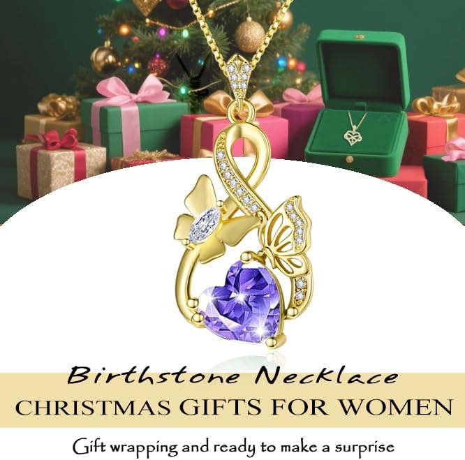 Gold Jewelry for Women Wife Infinity Necklace 18K White Gold Plated Dainty Butterfly Pendant with Heart Birthstone - Anniversary Necklaces for Women Birthday Gift Ideas Present for Girlfriend Mom Daughter