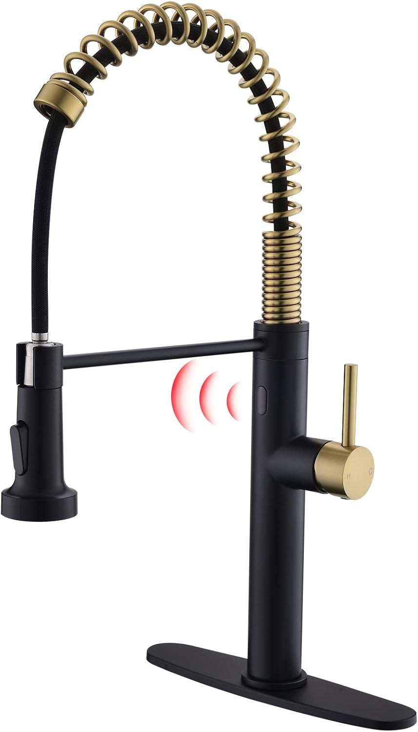 Fapully Touchless Kitchen Faucet with Pull Down Sprayer,Black and Gold Sensor Commercial Pull-Down Single Handle Kitchen Sink Faucet