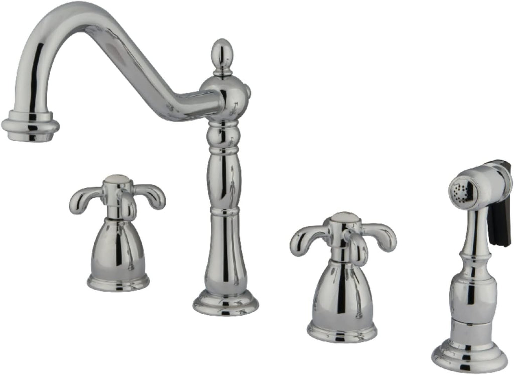Kingston Brass KB1791TXBS French Country Widespread Kitchen Faucet with Brass Sprayer, Polished Chrome,8-1/4 inch Spout Reach