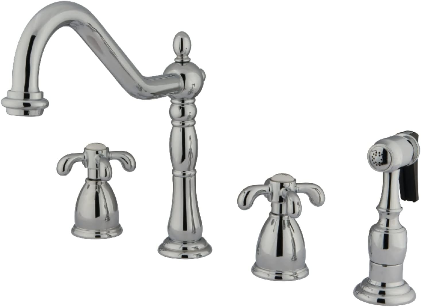 Kingston Brass KB1791TXBS French Country Widespread Kitchen Faucet with Brass Sprayer, Polished Chrome,8-1/4 inch Spout Reach