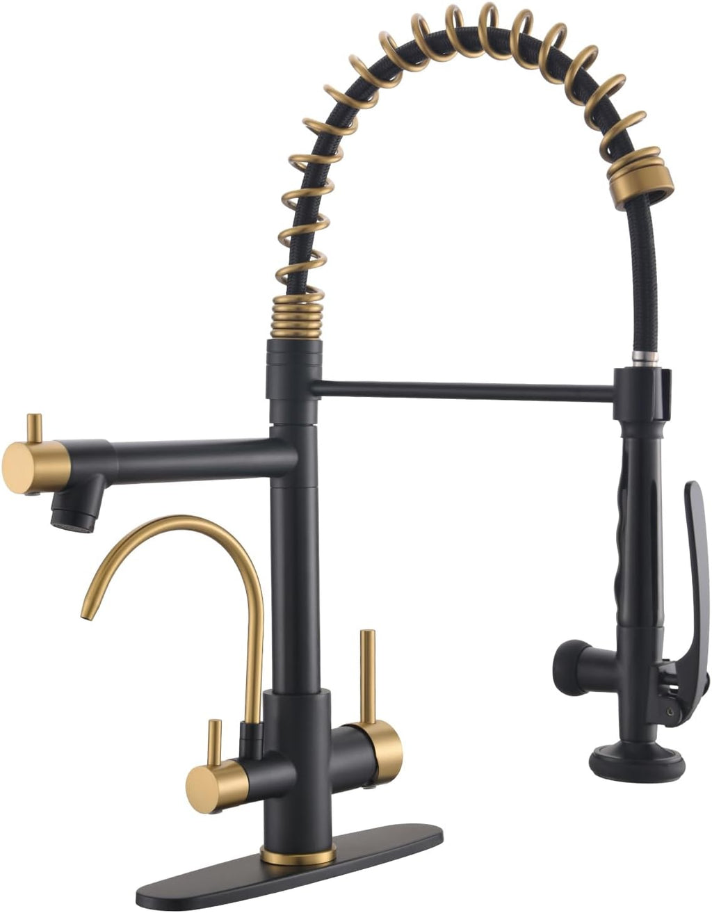 Fapully Commercial Kitchen Faucet with Pull Down Sprayer and Water Filter, Matte Black&Brushed Gold 3 in 1 Kitchen Faucets with Drinking Water Faucet for Kitchen Sink