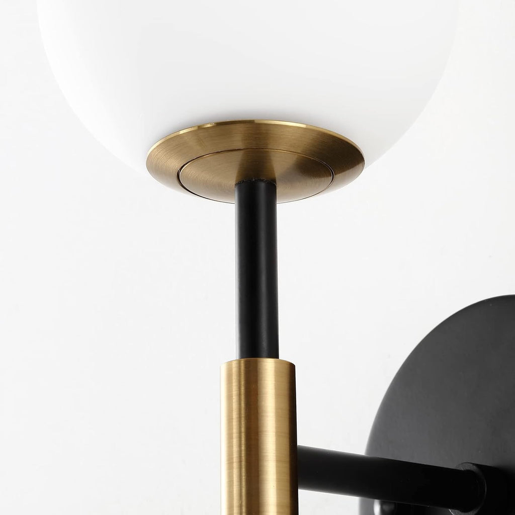 BYOLIIMA Industrial Mid Century Wall Sconce Set of 2 with White Globe Glass Shades Modern Bathroom Vanity Wall Lamp Black and Gold Finished Wall Light Fixture