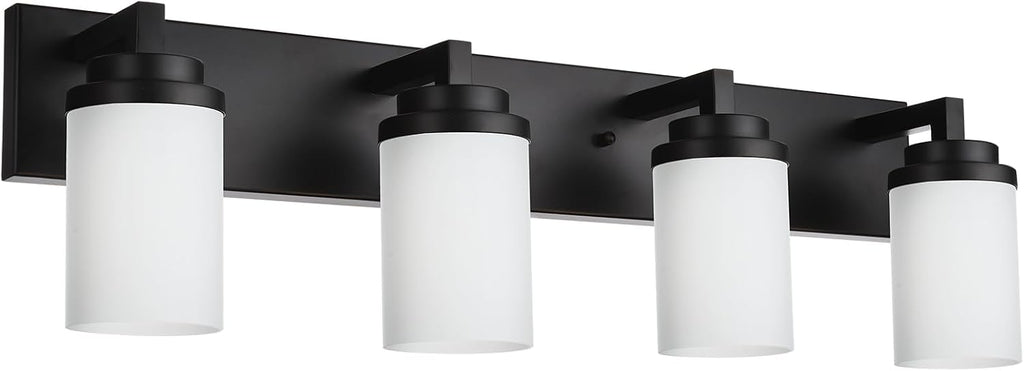 TODOLUZ 4-Lights Bathroom Light Fixtures in Matte Black, Modern Opal White Glass Vanity Light E26 Bulb Base, Wall Mount Lighting for Bedroom Bath Living Room