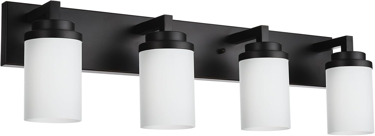 TODOLUZ 4-Lights Bathroom Light Fixtures in Matte Black, Modern Opal White Glass Vanity Light E26 Bulb Base, Wall Mount Lighting for Bedroom Bath Living Room