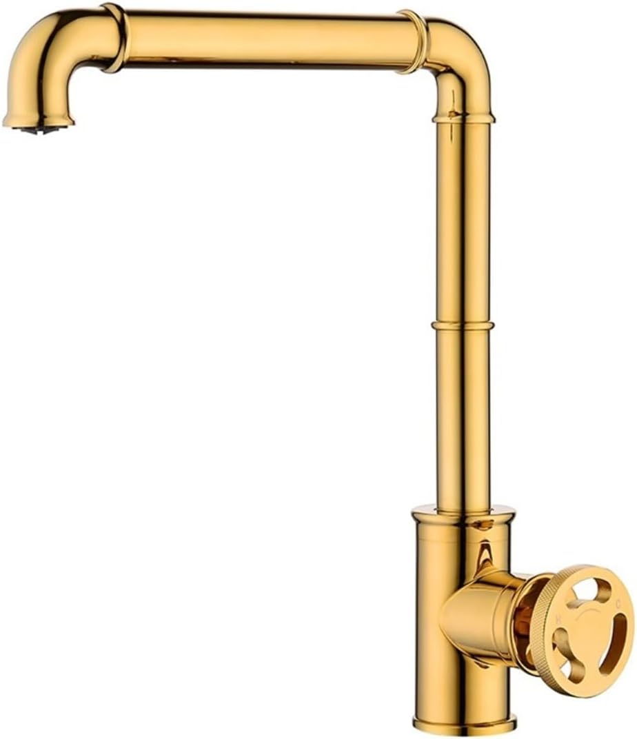 Retro Industrial Style Brass Kitchen Faucet - Hot and Cold Water Mixer Tap for Bathroom and Kitchen(Gold)