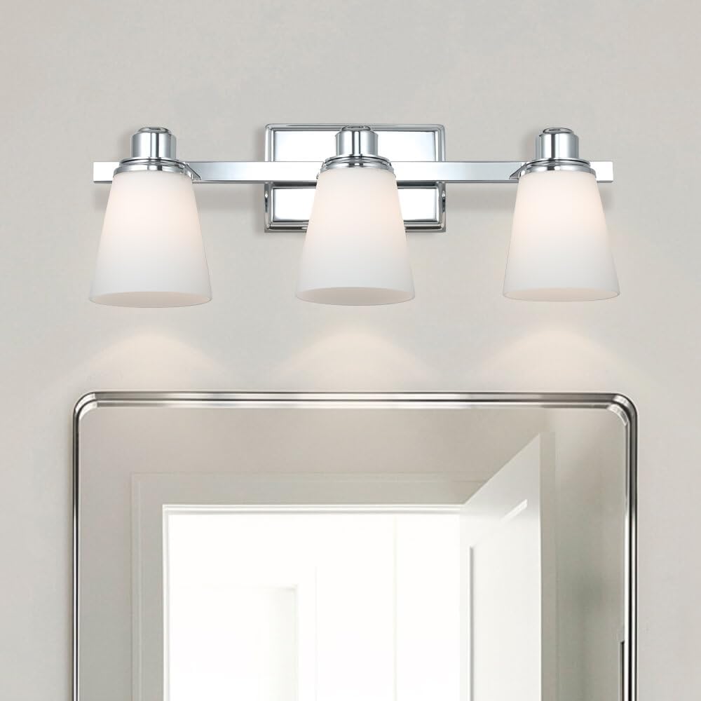 XiNBEi Lighting Opal Glass Bathroom Vanity Light Over Mirror, 3 Light Chrome Bathroom Light Fixtures with White Glass, Modern Vanity Lighting Wall Mount Fixture XB-W220-3-CH