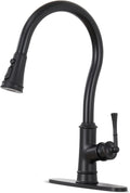 Black Kitchen Faucets with Pull Down Sprayer, Vintage Brass Kitchen Sink Faucet High Arc Single Handle with Deck Plate 1 or 3 Hole for Farmhouse Camper Laundry Rv Bar