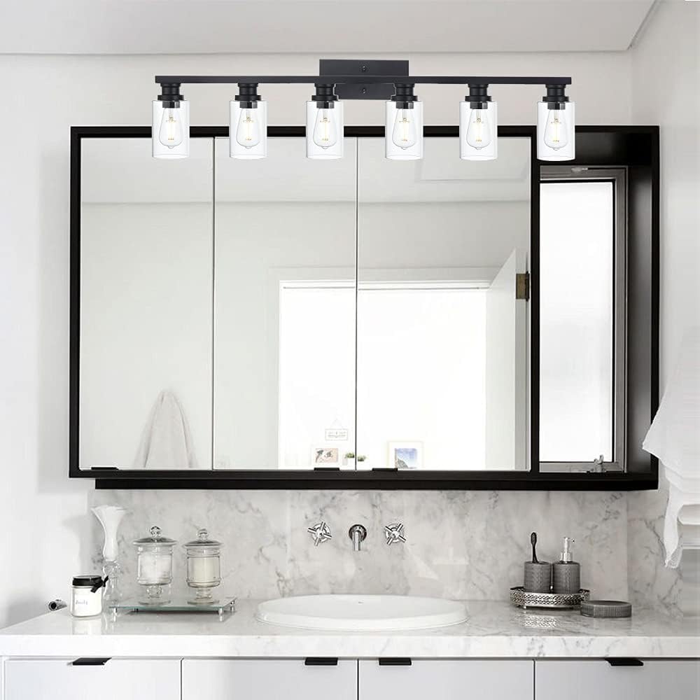 6 Light Classic Bathroom Vanity Lighting Fixture,Matte Black Indoor Metal Wall Mount Light Over Mirror with Clear Glass Shade