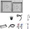 Double Bowl Kitchen Bar Sink, Workstation Sink with Accessories, 304 Stainless Steel Soap Dispenser Cold and Hot Water Faucet (Silver 72x40x22cm)