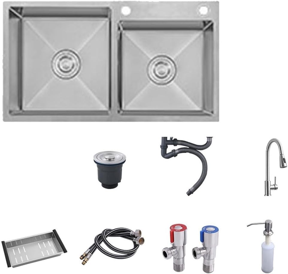 Double Bowl Kitchen Bar Sink, Workstation Sink with Accessories, 304 Stainless Steel Soap Dispenser Cold and Hot Water Faucet (Silver 72x40x22cm)