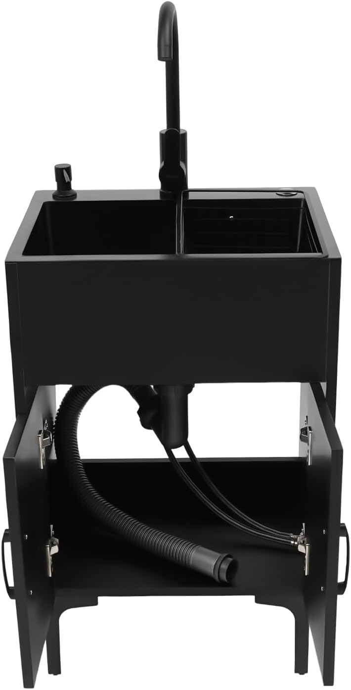 20-Inch Laundry Sink with Cabinet & 360° Swivel Hot/Cold Fauce, Freestanding Kitchen Sink Cabinet with Stainless Steel Sink & Drain Basket, Black Cabinet with Sink for Laundry & Utility Room