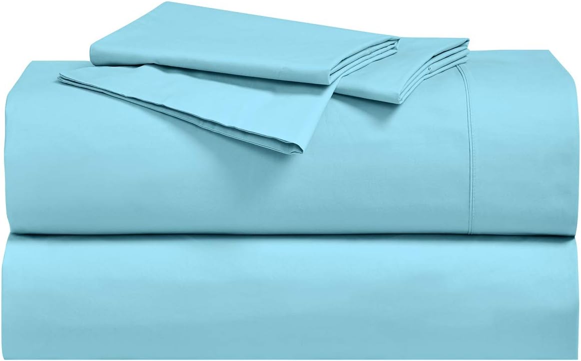 Royal Hotel Bedding Abripedic Crispy Percale Sheets, 300-Thread-Count, 4PC Solid Sheet Set, 100% Cotton, Up to 18 Inch Deep Pocket, Top Split California-King, Aqua-Sky