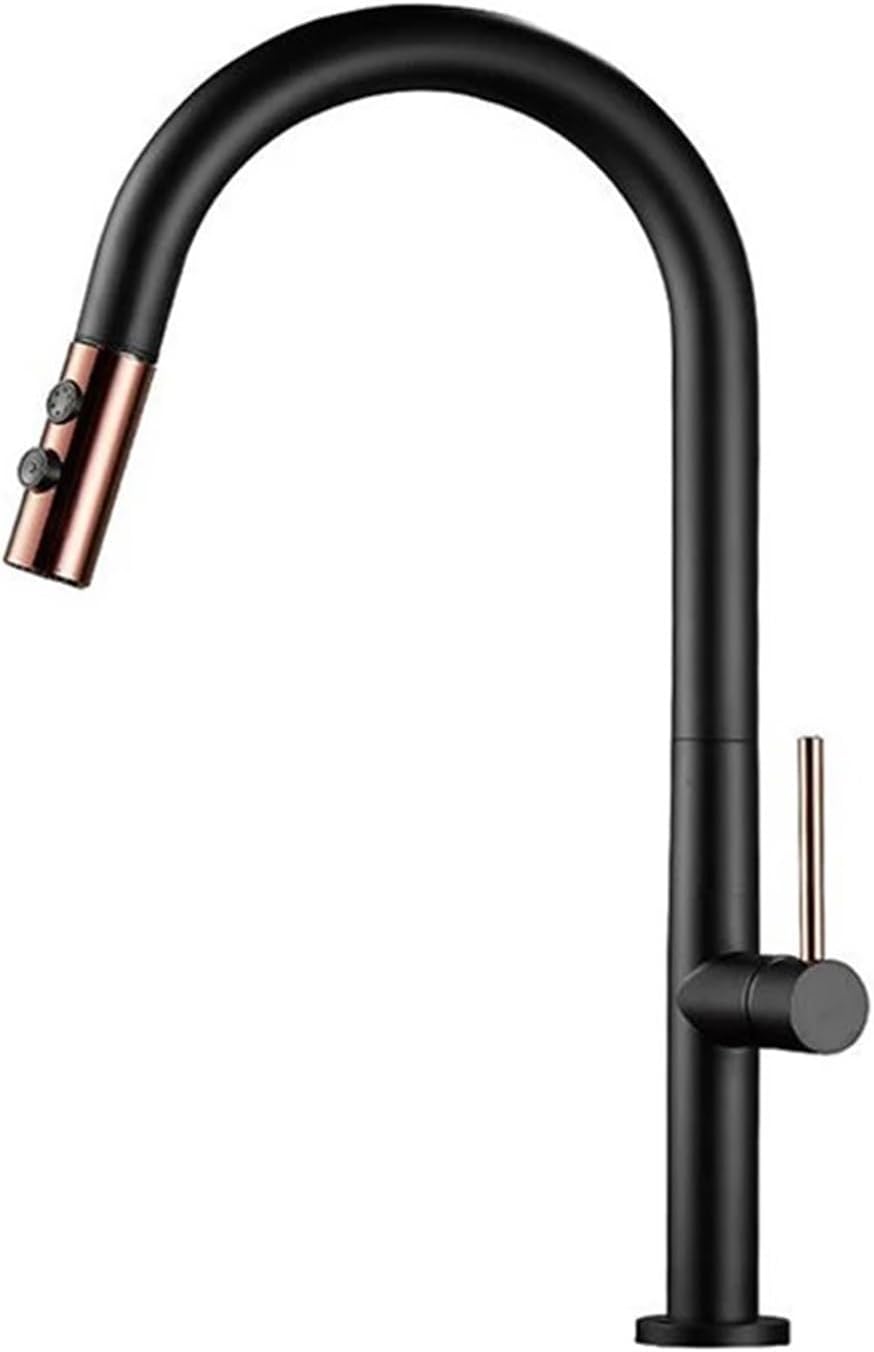 Modern Kitchen Faucet Pull Out 2 Mode Outlet Water Spray Deck Mounted Hot and Cold Water Sink Mixer Tap(Black-Gold)