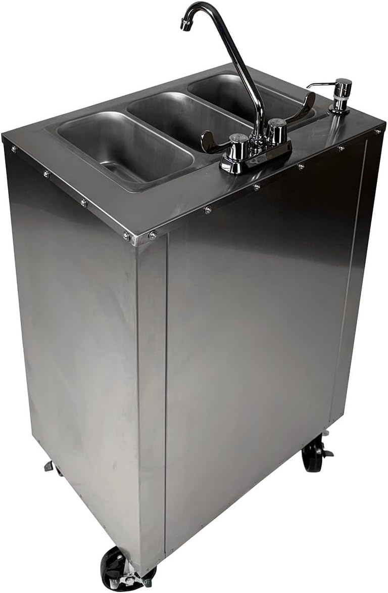 Pinnacle Portable Sink Hand Wash Station– (3-Basin) Stainless Steel Portable Sink with Hot Water–Portable Handwashing Station for Health & Beauty, Medical Facilities, Daycare, Pop-Up & Food Service