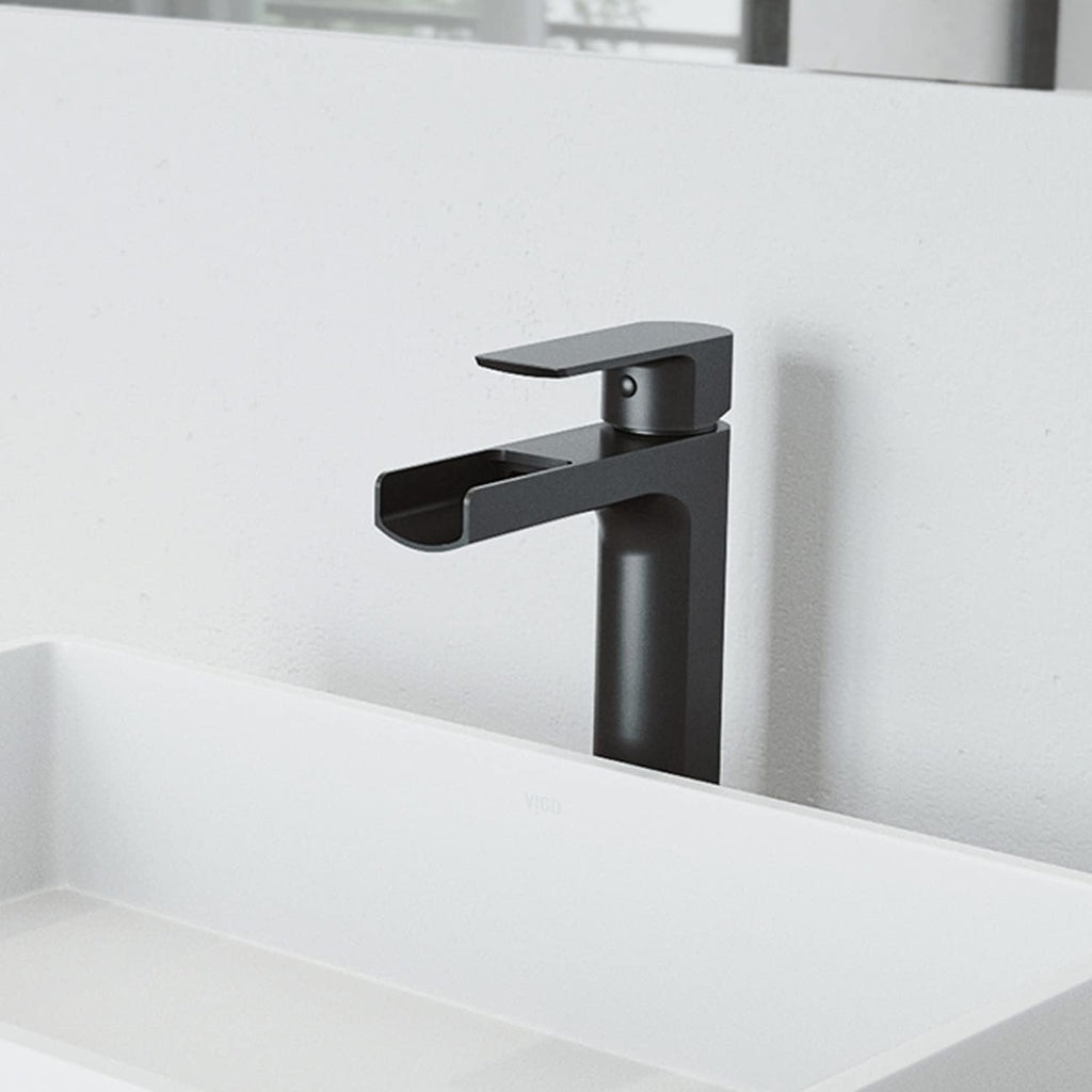 VIGO Amada Waterfall Single-Handle Single-Hole Mount Vessel Bathroom Sink Faucet, 10-Inch, Matte Black, Modern Design, Solid Brass, 1.2 GPM WaterSense & Ceramic Disc Valve, Corrosion-Resistant