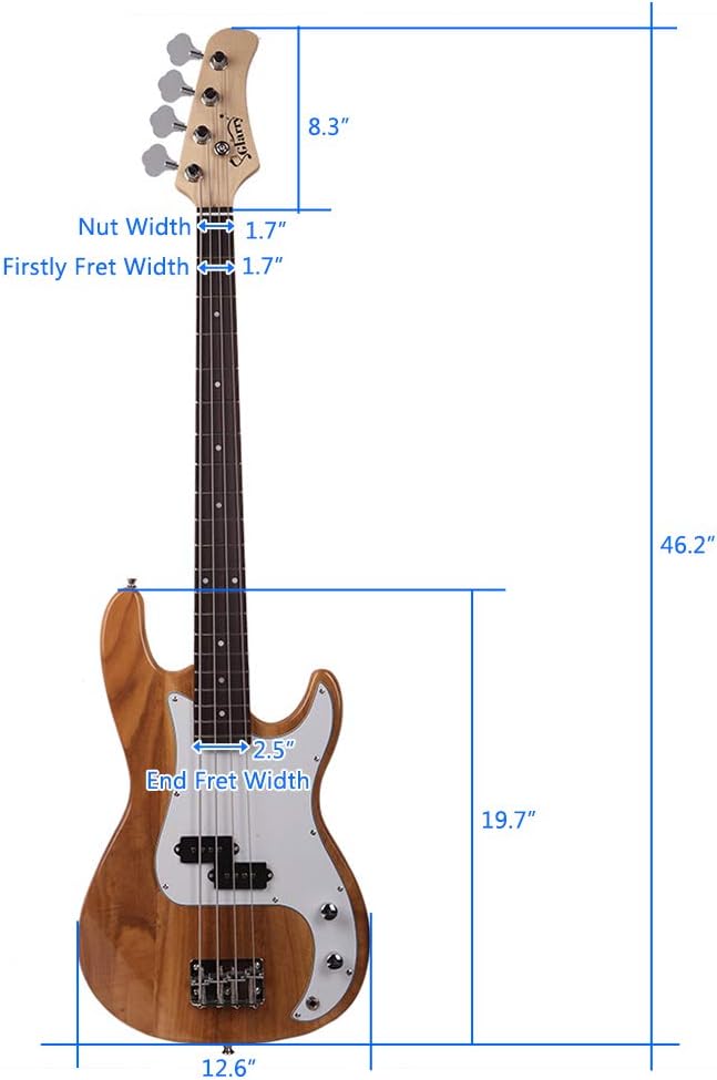 4 String Electric Bass Guitar, Full Size Standard Right Handed Beginner Kit with 20W AMP, Gig Bag, Strap, Spanner Tool (Wood Color)