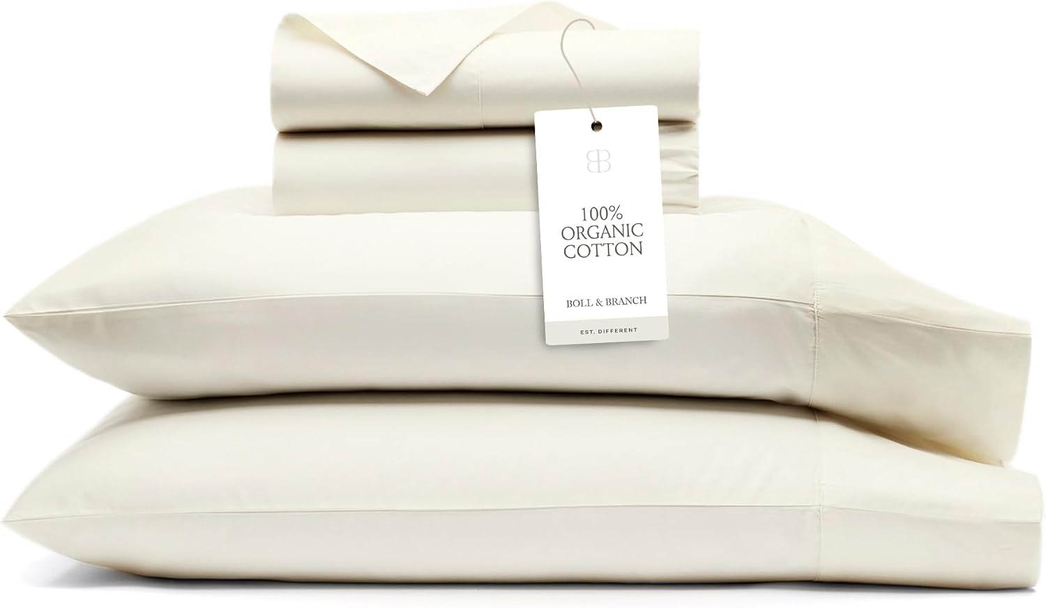BOLL & BRANCH Signature Hemmed Sheet Set - Twin, Cream - Luxury 100% Organic Cotton - Includes 1 Flat, 1 Fitted, 2 Pillowcases - Buttery Soft