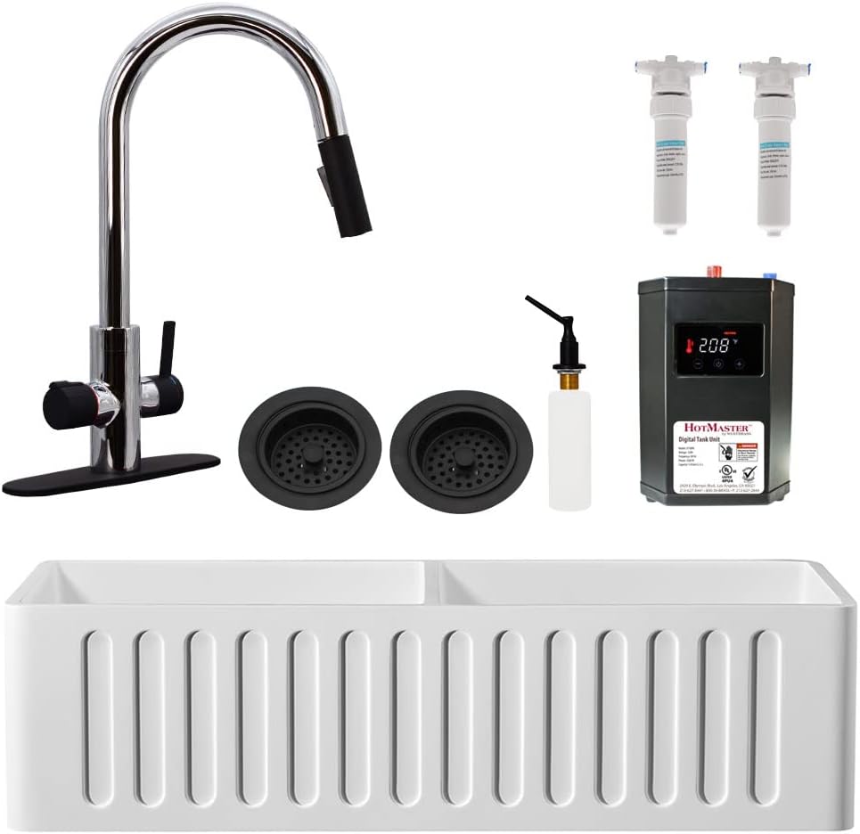 Westbrass BK236WH-2662 36' Double Bowl Reversible Apron Front Solid Surface Kitchen Sink with 4 in 1 Function Faucet, Dual Water Filters, Drain Baskets and Soap Dispenser, Polished Chrome/Matte Black