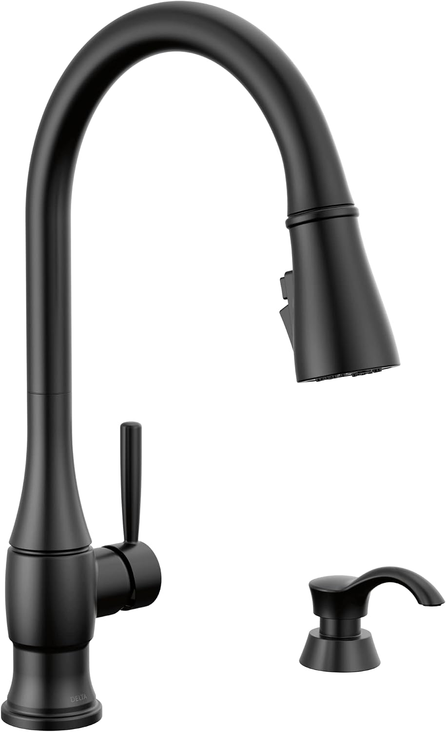 Delta Hazelwood Matte Black Kitchen Faucet with Pull Down Sprayer and Soap Dispenser, Modern Single Hole Kitchen Sink Faucet, Single Handle, Matte Black 19831Z-BLSD-DST