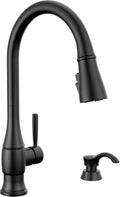 Delta Hazelwood Matte Black Kitchen Faucet with Pull Down Sprayer and Soap Dispenser, Modern Single Hole Kitchen Sink Faucet, Single Handle, Matte Black 19831Z-BLSD-DST