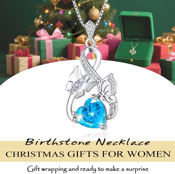Gold Jewelry for Women Wife Infinity Necklace 18K White Gold Plated Dainty Butterfly Pendant with Heart Birthstone - Anniversary Necklaces for Women Birthday Gift Ideas Present for Girlfriend Mom Daughter